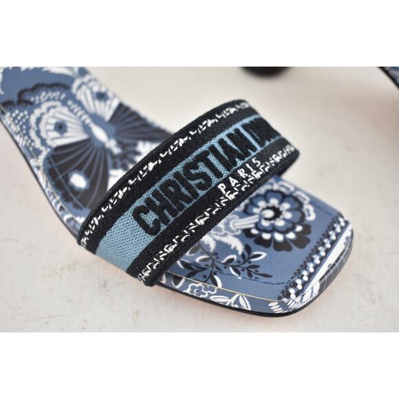 Dior Bandana Embroidered Black Blue Dway Heeled Sandal Strap Low Heel Pump 40 - Picture 5 of 13